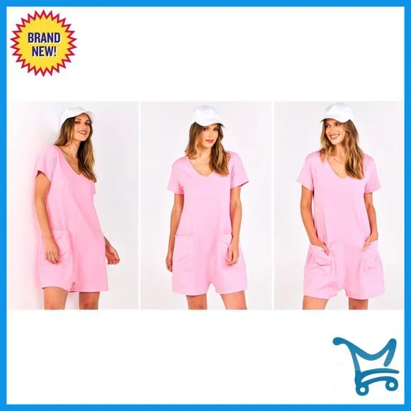 Loose Fit V Neck Romper Casual Summer Jumpsuit with Pockets Short Sleeve - Picture 7 of 7